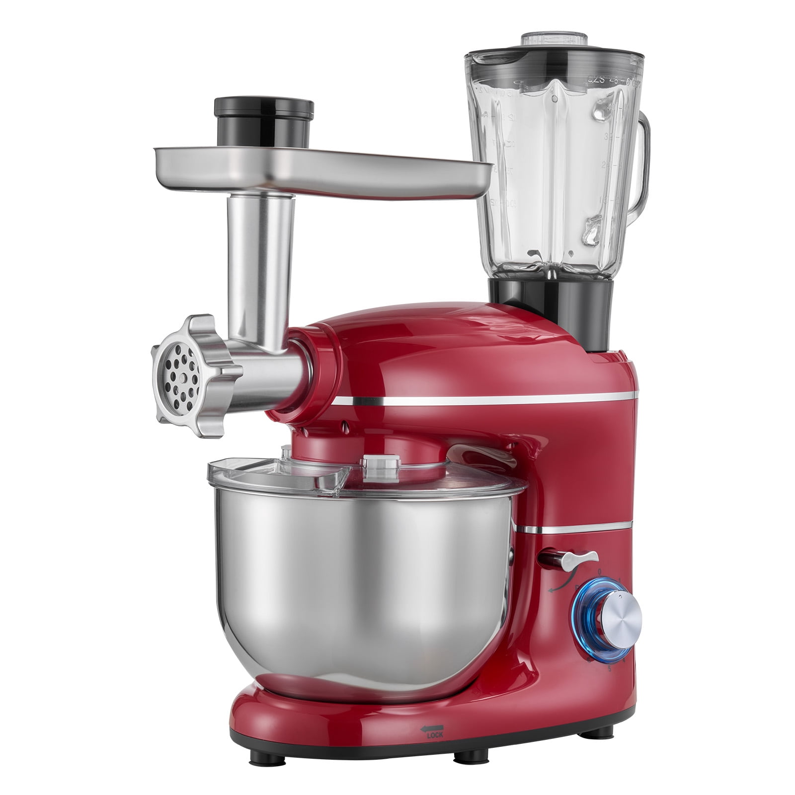 KFFKFF 6 QT Electric Kitchen Mixer with 660W Motor, Tilt-Head Design, 6+P Speeds, Includes Stainless Steel Bowl, Blender Cup, Dough Hook, Whisk, and Beater for Baking and Mixing, Red
