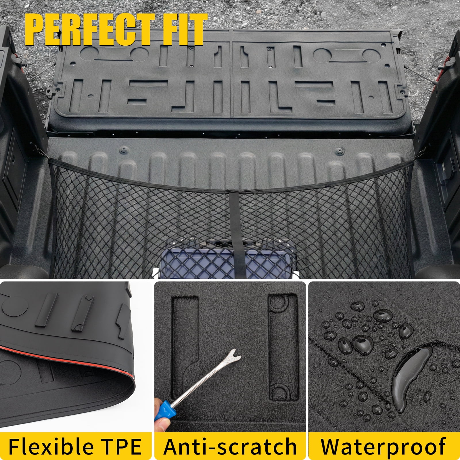 Bomely Tailgate Mat Compatible with 2021-2025 2026 Ford F150 Tailgate Liner TPE with Cargo Net 4'×4' Single Layer Elastic 8 Hooks for 2024 Ford F-150 Accessories