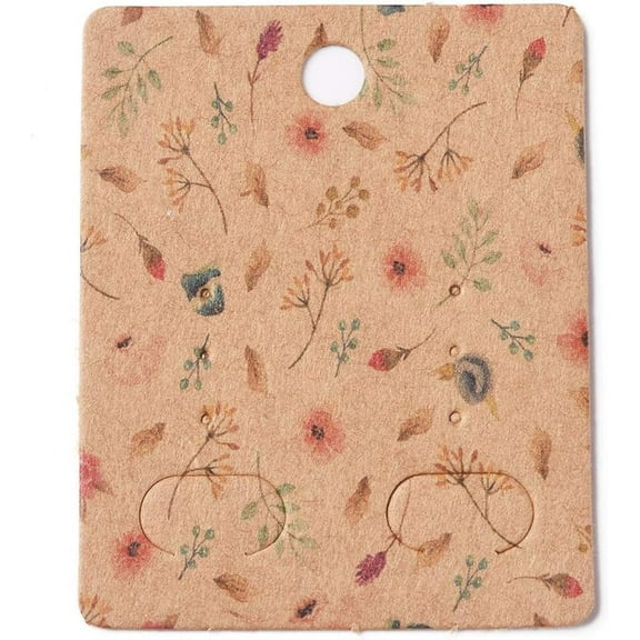 100 Pcs Paper Jewelry Display Cards Earring Display Hanging Card Holders Brown Rectangle Jewelry Display Tags with Leaf Pattern for Earrings Ear Studs