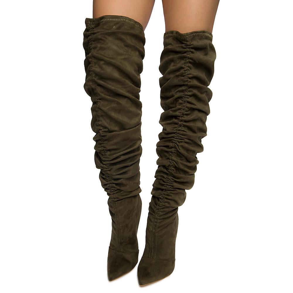 Liliana Syso-1 Olive Over the Knee Thigh High Pointed Toe Scrunchy ...