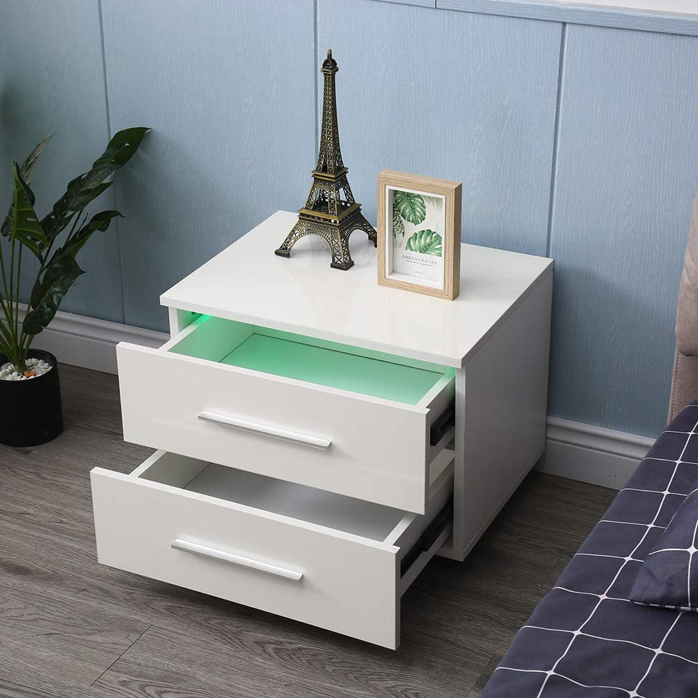 CNCEST CTGW-008  2 Drawers Modern  Nightstand LED Lights Night Stand (White) - image 3 of 9