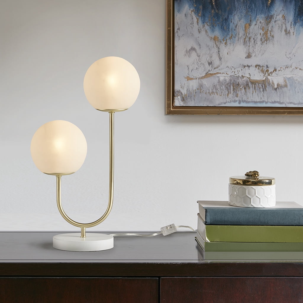 Noaman Metal 2-Light Globe Table Lamp, 20" Height Gold & White Modern Desk Lamp with Frosted Glass Shades, 60in Cord for Bedroom/Living Room