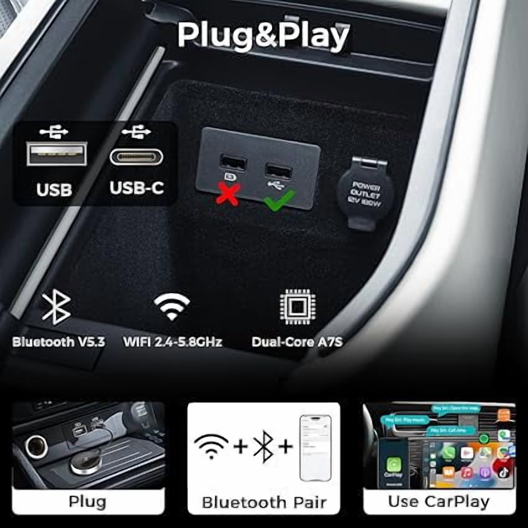 Wireless CarPlay Adapter Bluetooth Car Adapter for iPhone 16 Pro Max, Convert to Wireless For iPhone ios10+ Low Latency Replacement Carplay Cable Suitable for Toyota, Honda, Jeep, etc. (White)