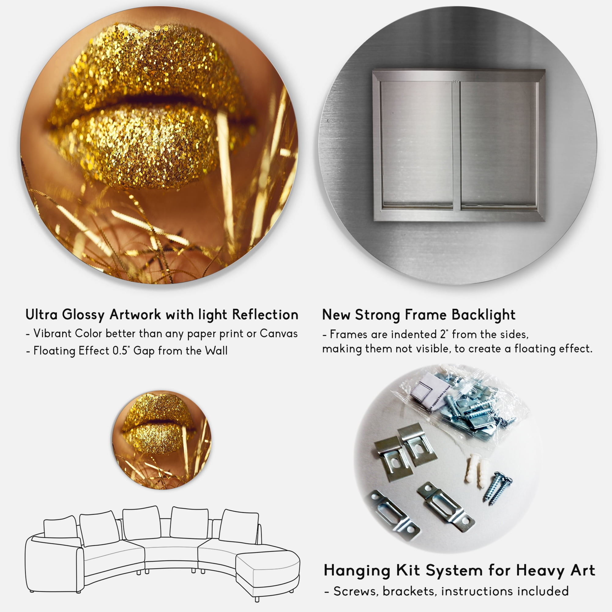 Designart 'Golden Female Lips' Modern Circle Metal Wall Art 29x29 - Disc of 29