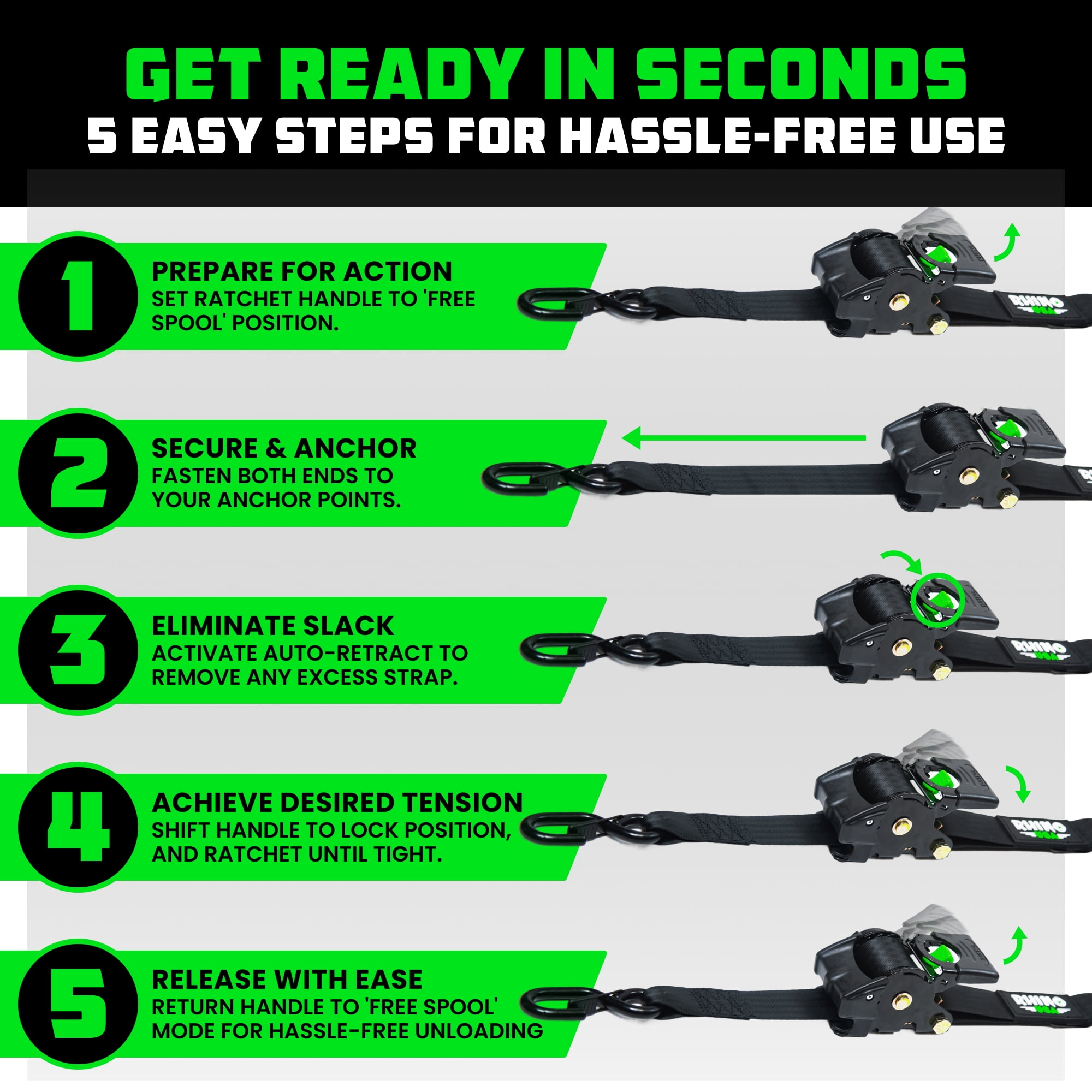 Rhino USA Heavy Duty 2" x 10' Retractable Ratchet Straps 3,033lb Break Strength (Black 4-Pack)