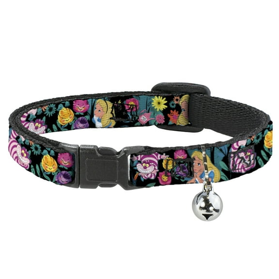 Disney Cat Collar, Breakaway Collar with Bell, Alice Cheshire Cat Flowers Poses Black Multi Color, 8.5 to 12 Inches 0.5 Inch Wide