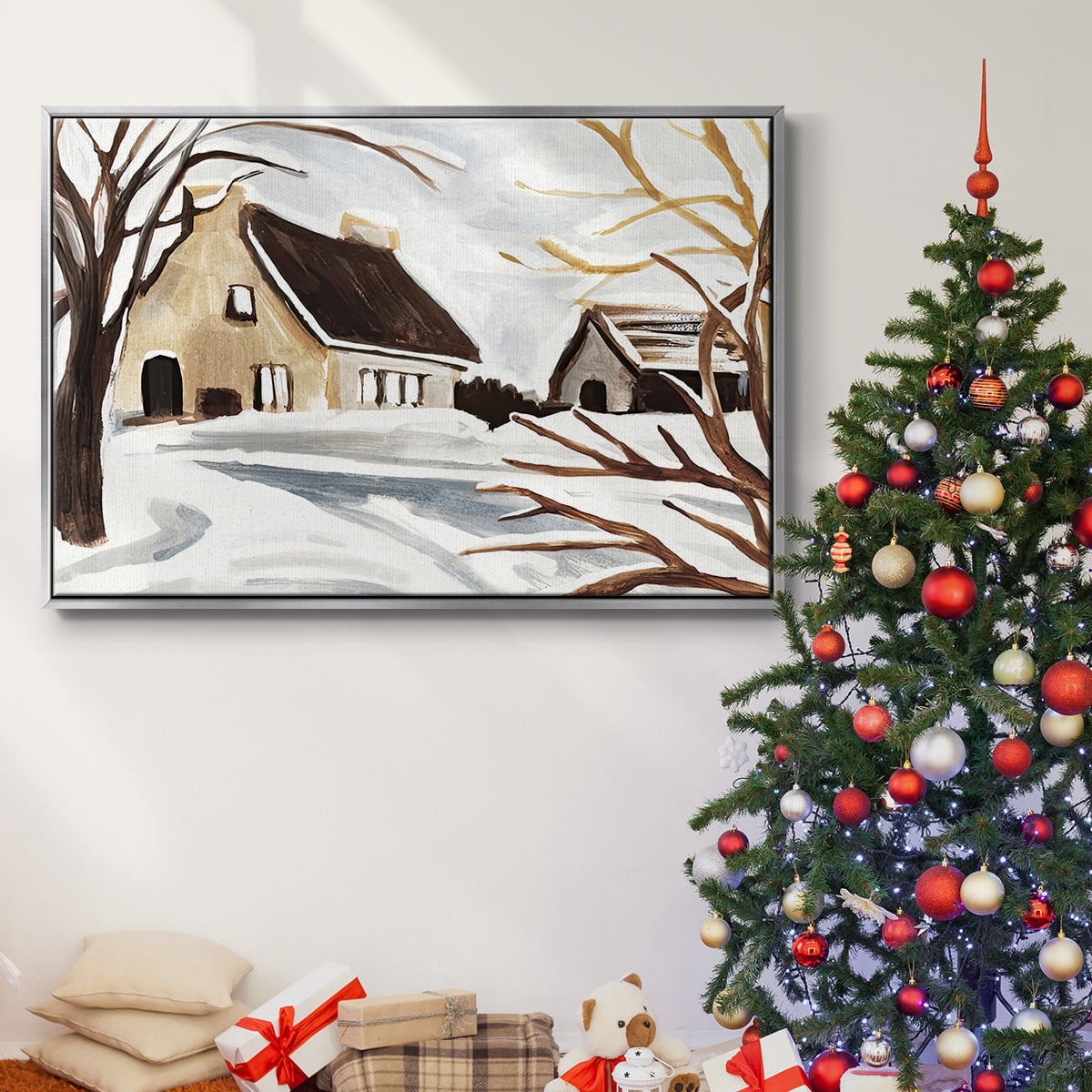 Winter Cottage II - Framed Gallery Wrapped Holiday Canvas - 27 x 41 - Silver Frame