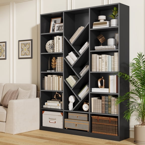 71" Tall Triple-Wide Bookcase with Adjustable, Casendy Cube Bookcase with Y-Shape Bookshelves, Modern Display Cabinet Book Library for Home Office, Living Room, Black