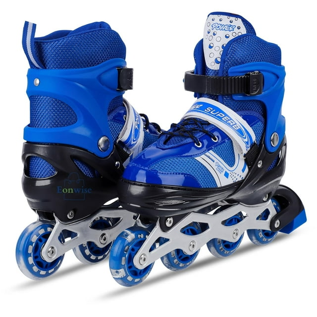 Eonwise Adjustable Size Inline Skates With Led Flash Light On Wheels For Unisex Kids | Age 7 To14 Years (Blue) Soft Boot Support System With Double Cam-lever Buckle.push Button Adjustment System