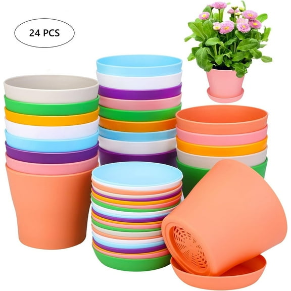 LQQBOX 24 Pcs 4 Inch Plastic Plant Pot with Saucers Flower Pots Planters Nursery Pots for Outdoor Indoor Plants Gardening Containers, Assorted 8 Colors