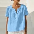thumbnail image 4 of Craaazy Women's Casual V Neck Blouse, Solid Color Short Sleeve Cotton Linen Top, Loose Fit Comfy Henley Tunic for Daily Wear Gifts, 4 of 9