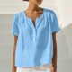 thumbnail image 4 of Craaazy Women's Casual V Neck Blouse, Solid Color Short Sleeve Cotton Linen Top, Loose Fit Comfy Henley Tunic for Daily Wear Gifts, 4 of 9
