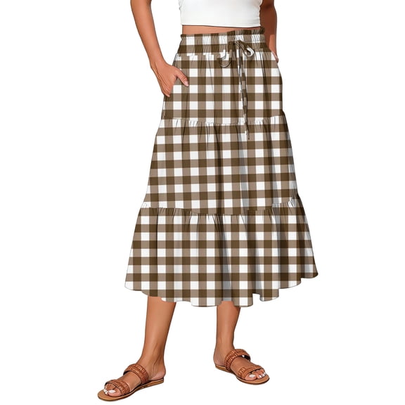Delconic Women’s Plaid Tiered Midi Skirt with Elastic Waistband Drawstring and Pockets Lightweight Casual Style Light Brown S