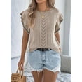 thumbnail image 6 of Women Cap Sleeve Tops Summer Crew Neck Shirt Crochet Knit Sweater Khaki S, 6 of 9