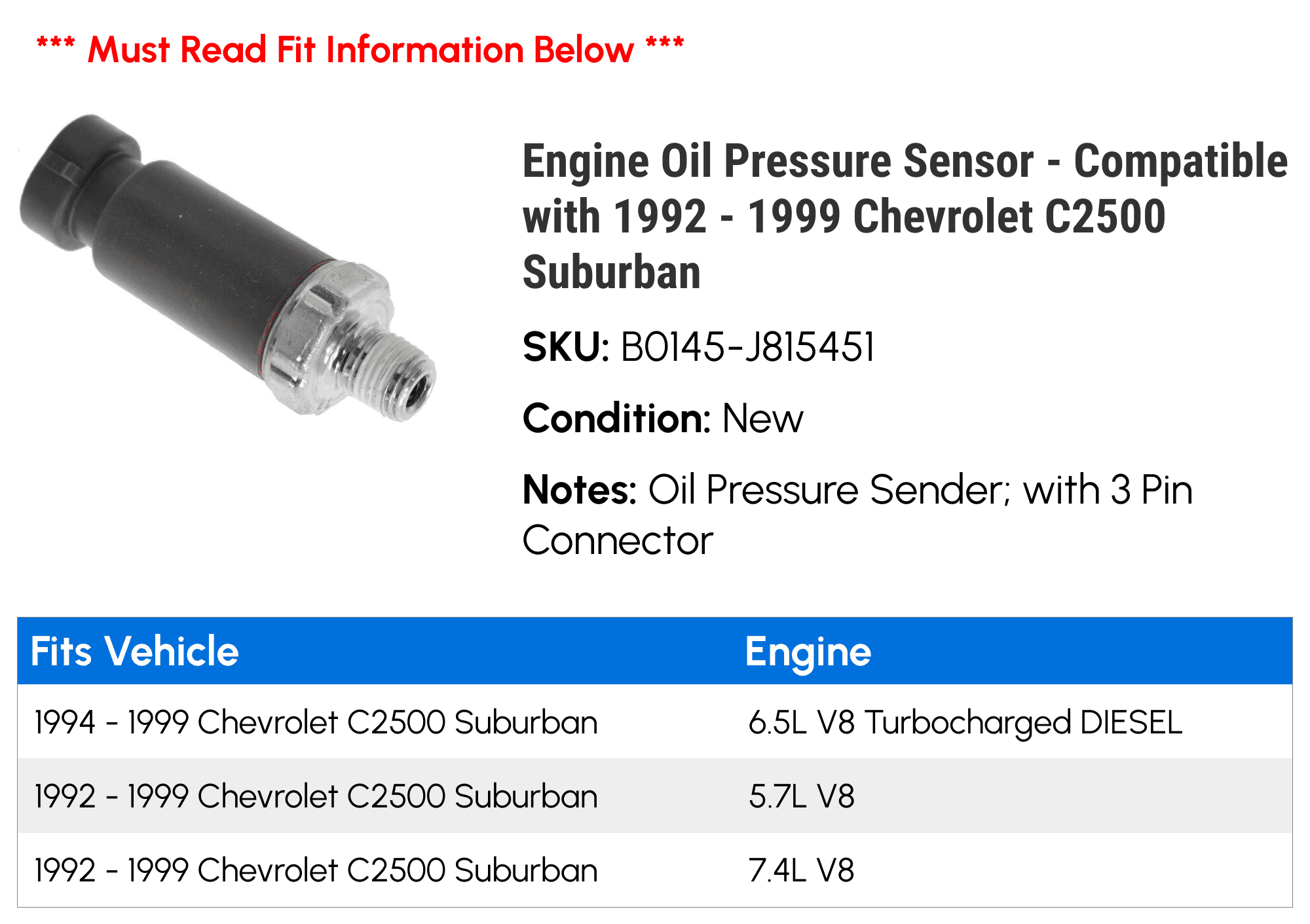 Engine Oil Pressure Sensor - Compatible with 1992 - 1999 Chevy C2500 Suburban 1993 1994 1995 1996 1997 1998