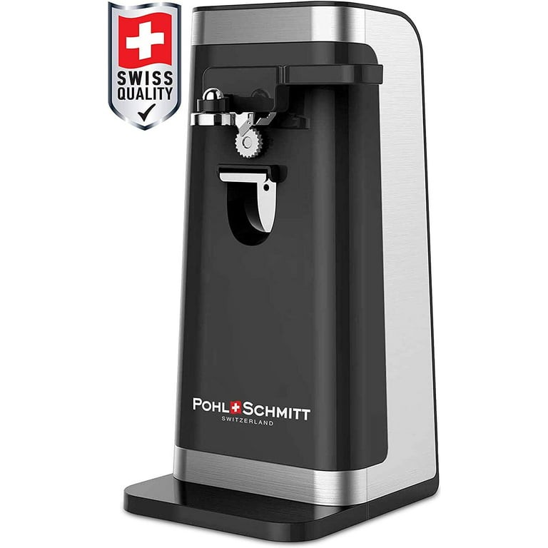 POHL SCHMITT Electric Can Opener, Easy Push Down Lever, Knife Sharpener,  Bottle Opener & Built-In Cord Storage, Opens All Standard-Size and Pop-Top