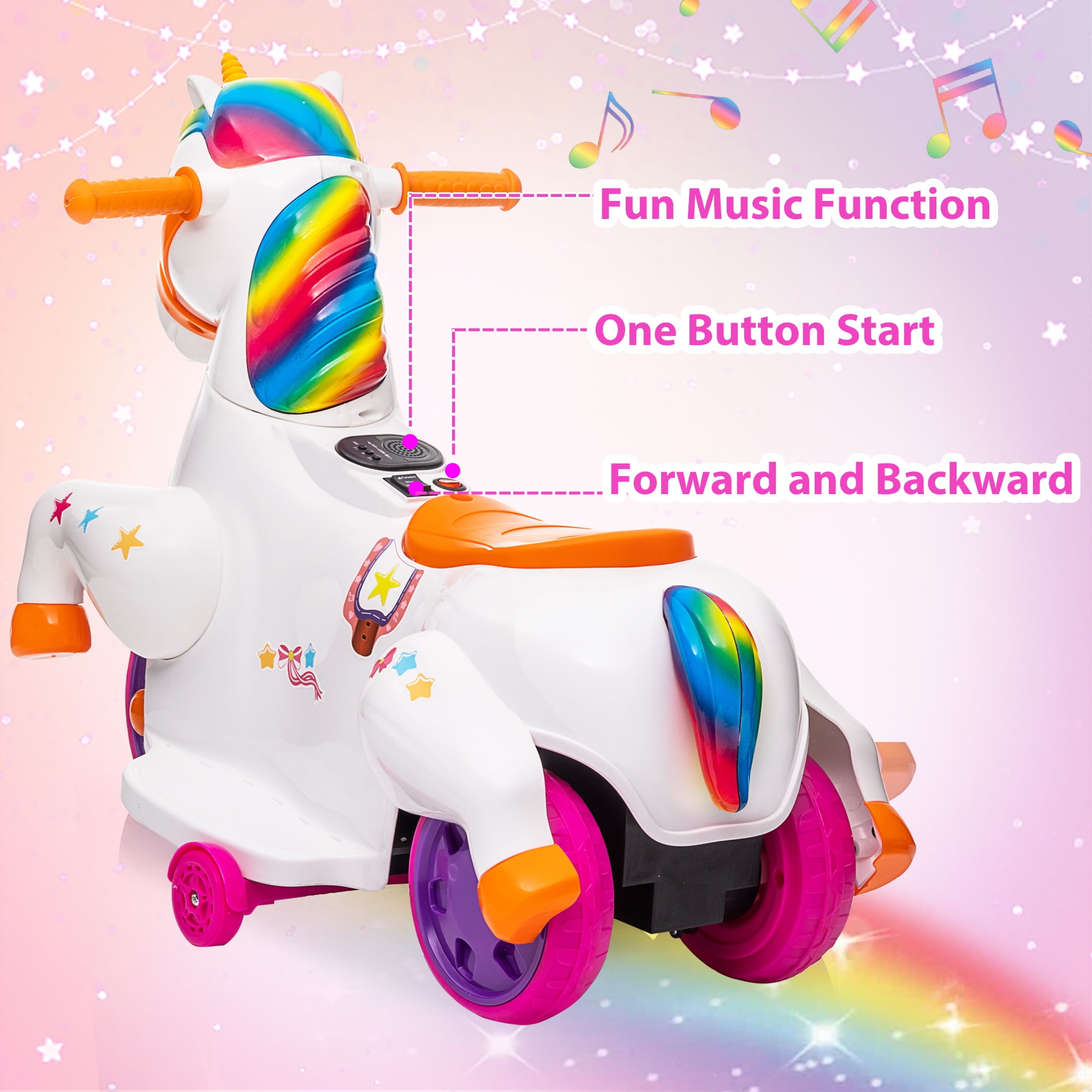 Jaxpety 6V Kids Ride on Unicorn, Rocking Horse Pony Toy Electric Car for Boys Girls w/ Music, Training Wheels, Colorful