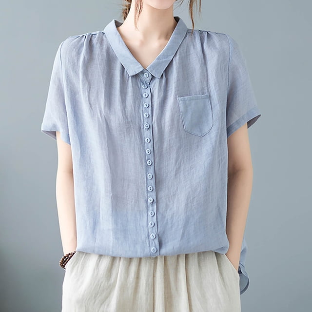 Mefallenssiah Chemise Décontractée Ample pour Femmes Couleur Unie Manches Courtes en Coton Lin