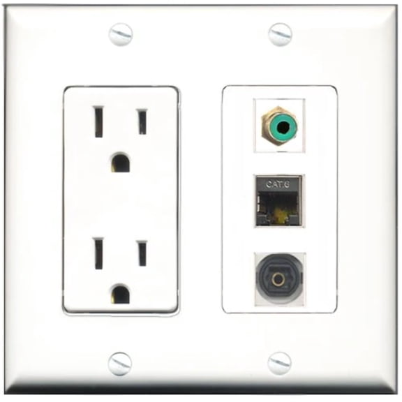 RiteAV - 15 Amp Power Outlet 1 Port RCA Green 1 Port Shielded Cat6 Ethernet Ethernet 1 Port Toslink Decorative Wall Plate