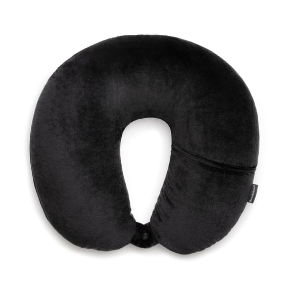 Almohada de viaje Brookstone Microbead con cuello y bolsillo, color negro