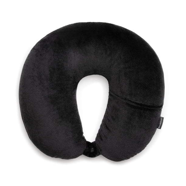 Almohada de viaje Brookstone Microbead con cuello y bolsillo, color negro