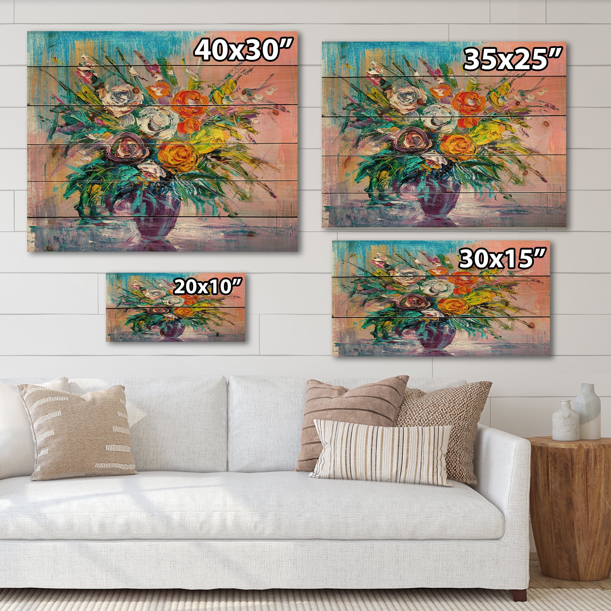 Designart 'Bouquet Of Vibrant Colored Flowers' Traditional Print on Natural Pine Wood