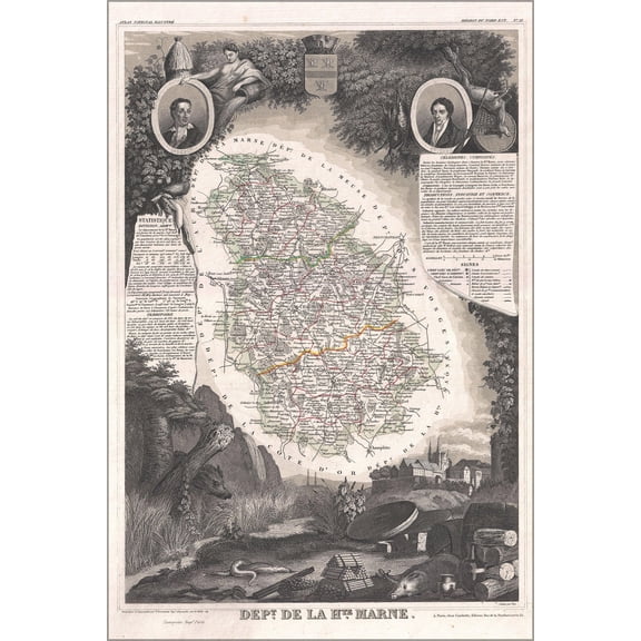 24"x36" Gallery Poster, 1852 Levasseur Map of the Department De La Haute Marne, France (Champagne Wine Region)