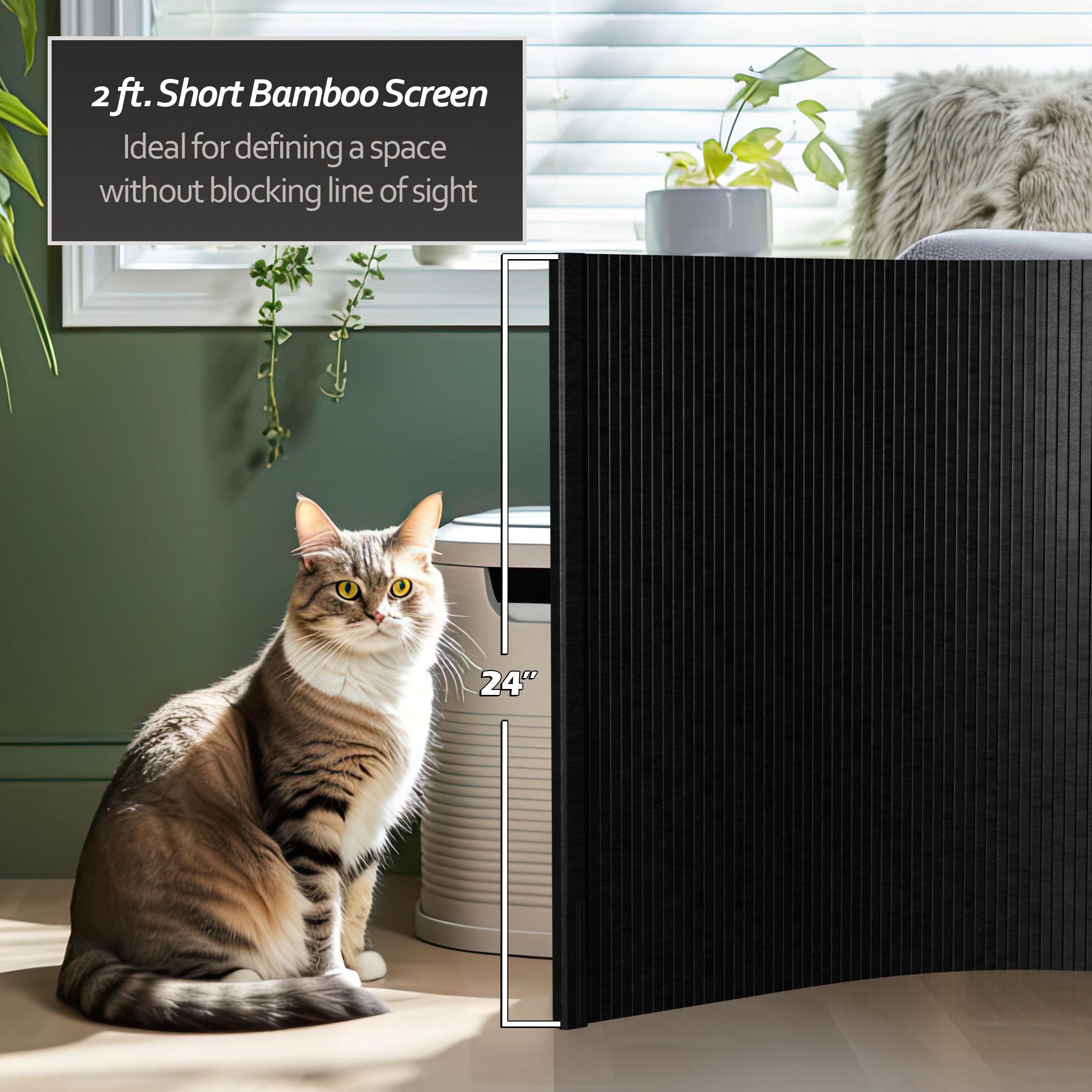 2 ft. Short Bamboo Wave Screen in Black - Table Top Room Divider with Portable Design