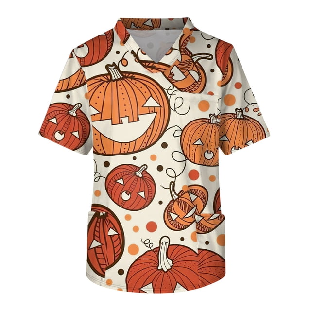 Men's Short Sleeve V-Neck Halloween Print Chest Pocket Care Top 3XL