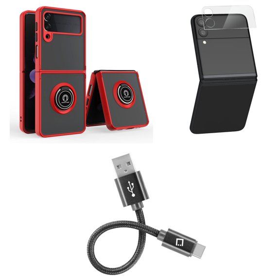 Bemz Accessory Bundle for Samsung Galaxy Z Flip 3: Magnetic Mount Ring Stand Transparent Hybrid Case (Red), Premium Glass Lens Protectors (2-Pack), USB-C to USB-A Cable (4 inches)