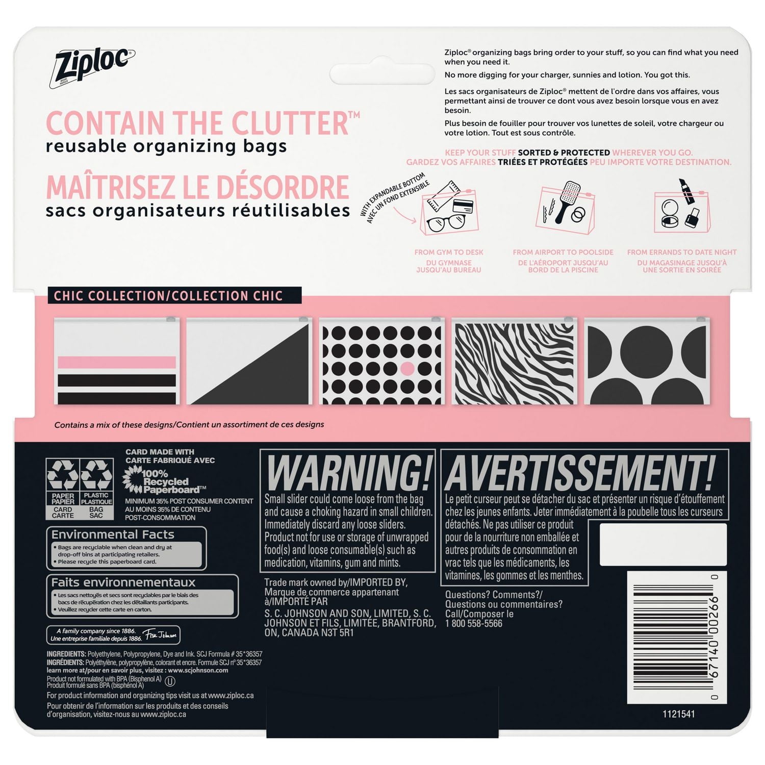 Ziploc Sacs réutilisables pour voyages, maquillage et accessoires, Idéals pour l'organisation à l'école ou à la maison, Collection chic, Grand format, Emballage de 5 Collection chic