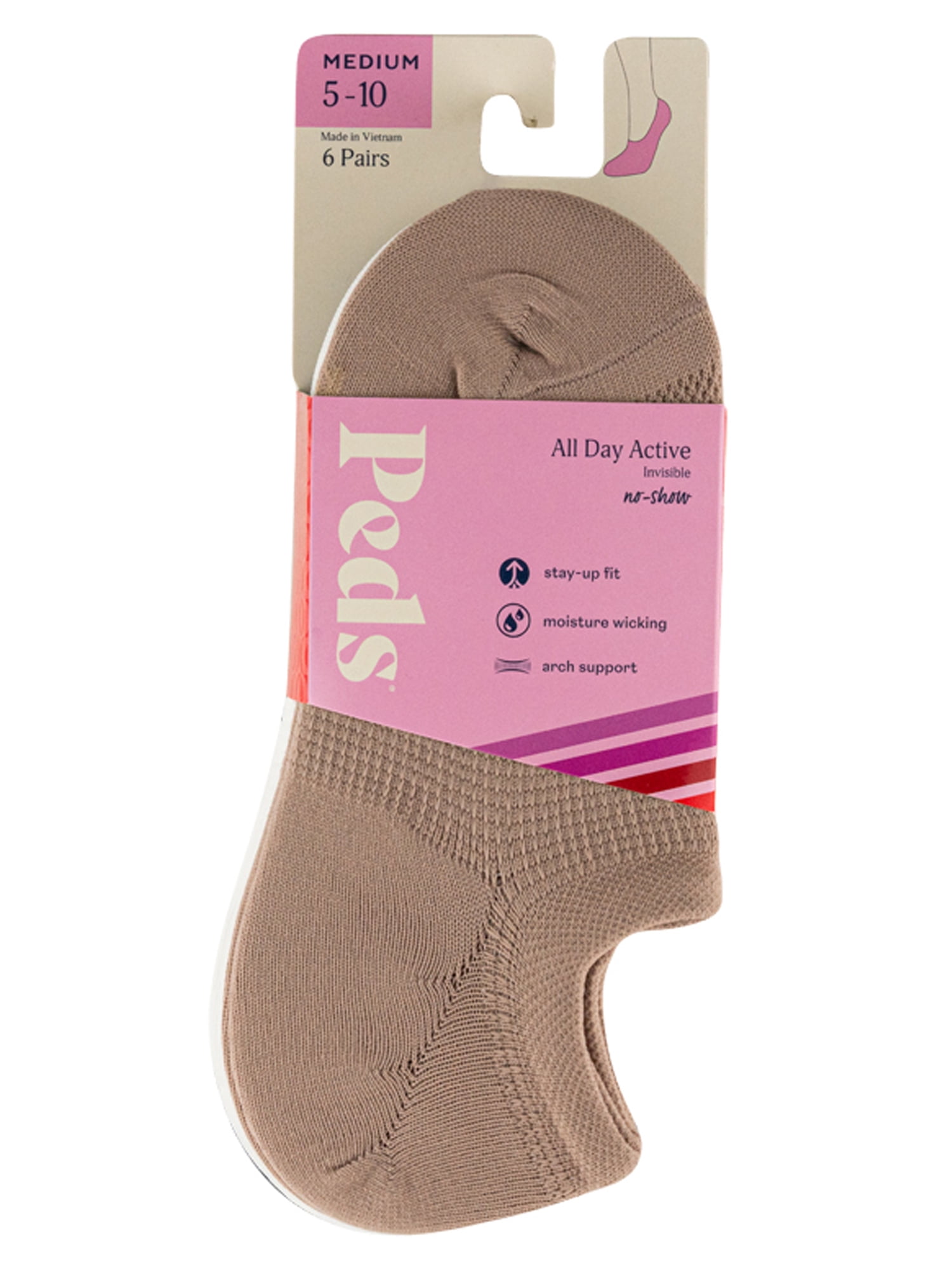 PEDS Women's All Day Active Nylon Invisible Socks Assorted, 6 Pairs, Sizes 5-10