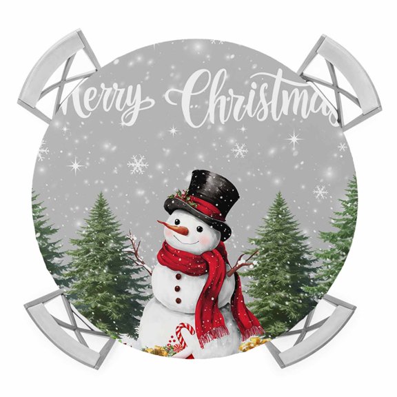 Grey Christmas Round Tablecloth for 45-54 Inch Tables, Fitted Table Cover with Elastic Edge, Xmas Tree Snowflake Winter Gifts Waterproof Outdoor Table Cloth Protector for Patio Garden Dinner Picnic