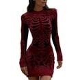 thumbnail image 2 of Costeam Womens Halloween Skeleton Print Bodycon Mini Dress Crew Neck Long Sleeve Floral Lace Detail Gothic Slim Fit Party Club Short Costume Dresses, 2 of 4