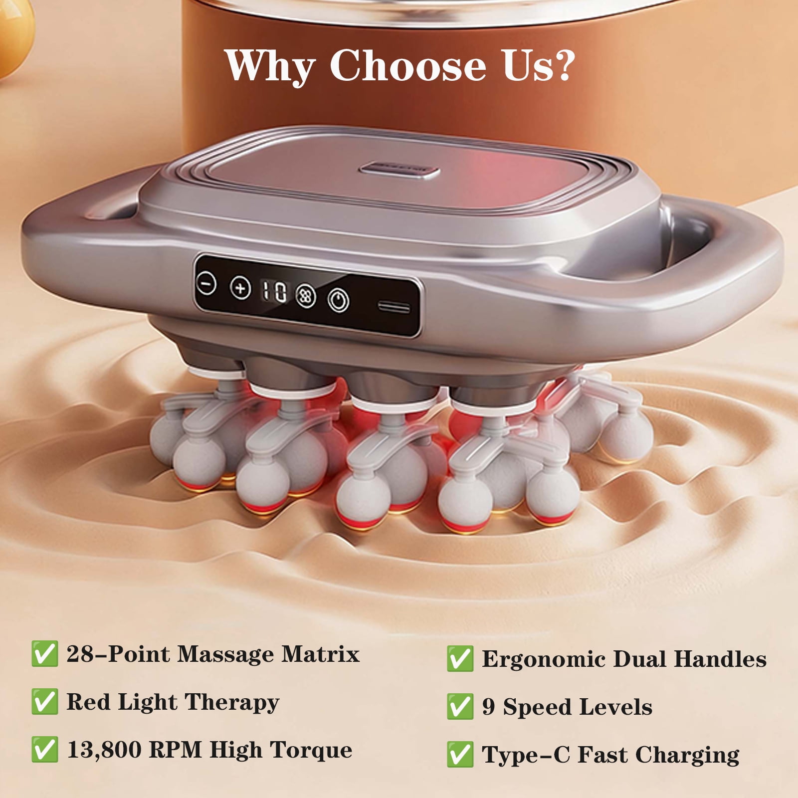 28-Head Cordless Massage Gun with Red Light, 13800RPM Dual-Grip Deep Tissue Massager - Gray