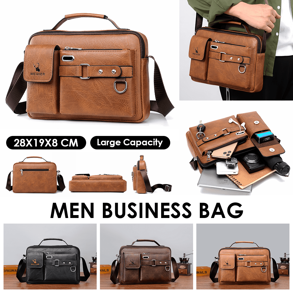 Men's Business Casual Leather Briefcase - Soft Anti-Scratch Waterproof PU, Shoulder/Crossbody/Handheld, Adjustable Strap, Large Capacity for iPad Mini, Work & Travel