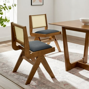 Modway Thera Vegan Leather and Cane Dining Side ChairsSet of 2 in Walnut Black