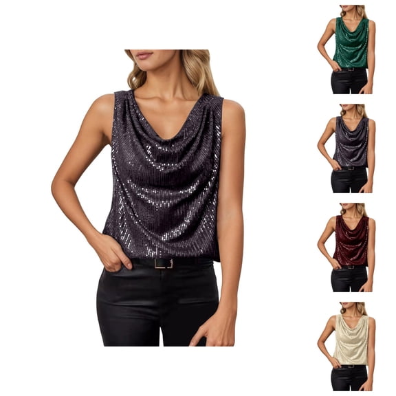 Sparkly Sequin Tank Tops for Women Elegant Dressy Casual Cowl Neck Loose Fit Shiny Sequins Sleeveless Shirt