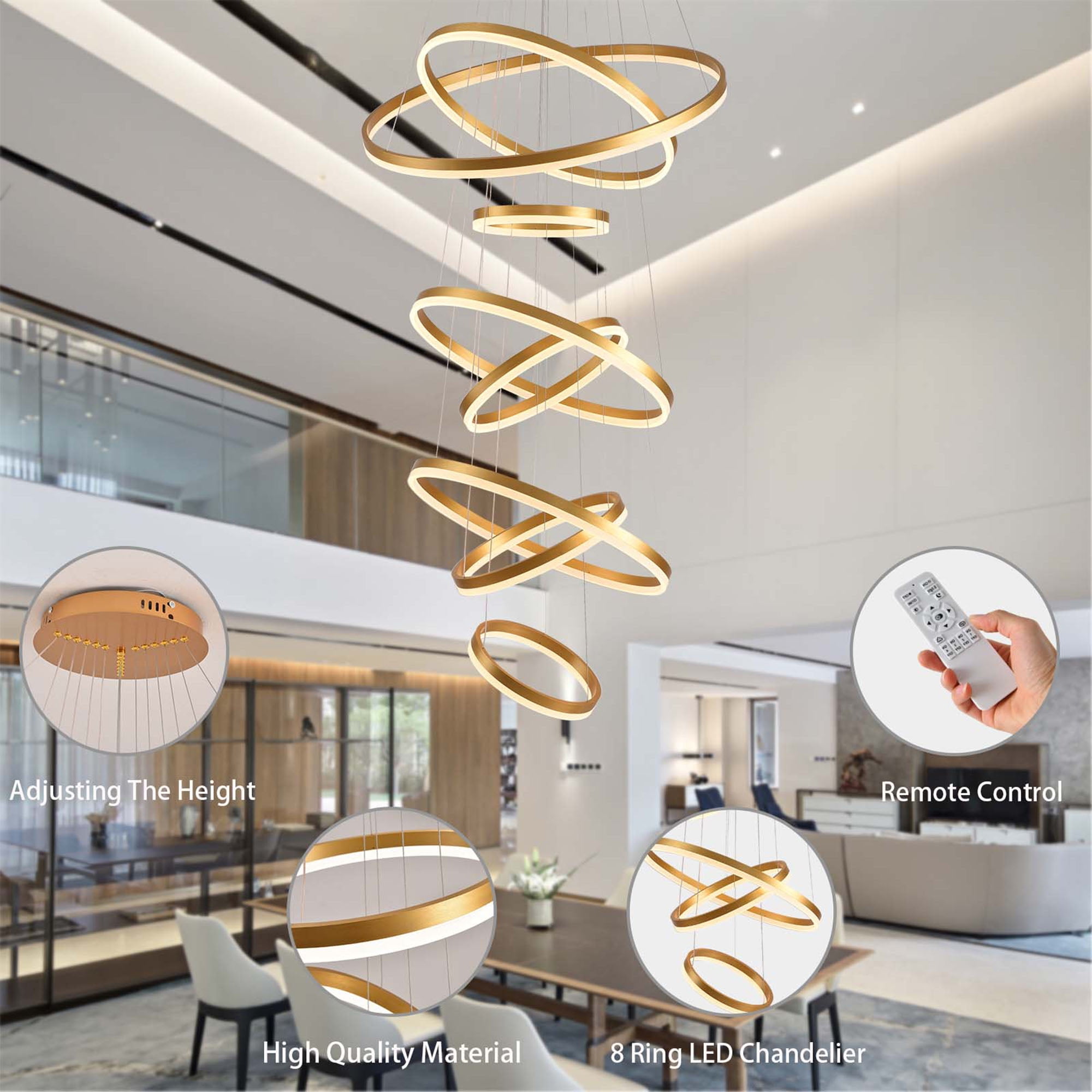 8 Ring Modern LED Chandelier, Dimmable Gold Ring High Ceiling Lighting with Romote Control,Large Foyer Chandeliers for Living Room Staircase Entryway