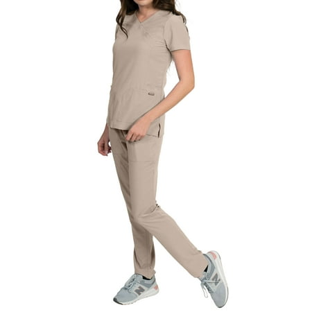 

Celeste Women s Stretch Scrubs Set Cross Over Neckline Top and Slim Leg Pants
