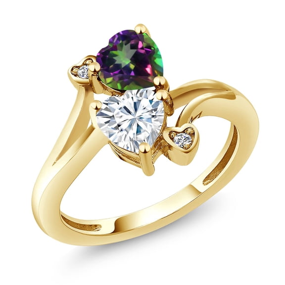 Gem Stone King 18K Yellow Gold Plated Silver Green Mystic Topaz White Moissanite and White Diamond Ring for Women (1.78 Cttw, Heart Shape 6MM, Gemstone Birthstone, Size 6)