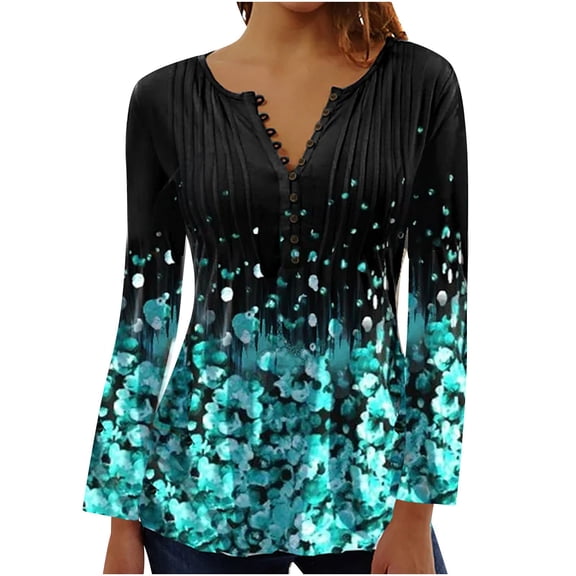 Edvintorg Button Up Shirts For Women Clearance Fashion Fold Printed Long Sleeve V Neck Loose Tunic Tops Blouses