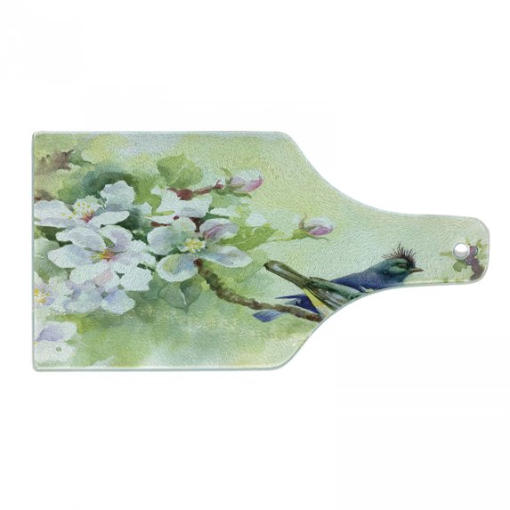 Flowers Cutting Board, Watercolor Style Effect Birds of Spring on Tree Branch Illustration, Tempered Glass Cutting and Serving Board, Wine Bottle Shape, Yellow and Reseda Green, by Ambesonne