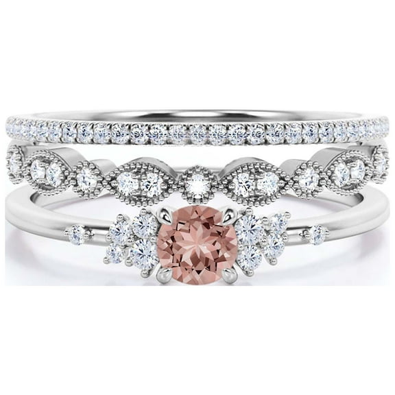 Salt And Pepper Minimalist 1.75 Carat Round Cut Morganite And Diamond Moissanite Engagement Ring, Dainty Wedding Ring in 10k Solid White Gold, Promise Ring, Anniversary Ring, Trio Set, Matching Band