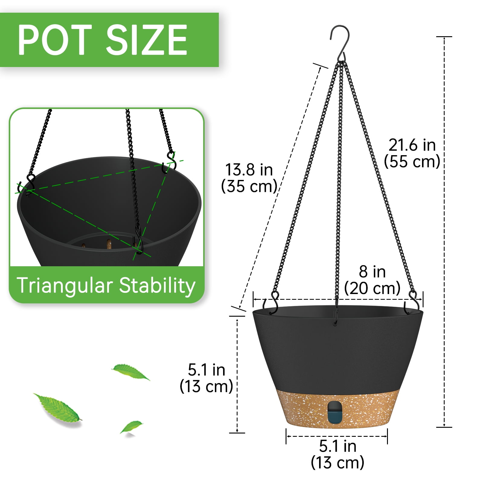 FIASON 2 Pack 8 Inch Black Gray Self Watering Hanging Planters, Indoor Outdoor Plastic Flower Pots with Visual Reservoir, Drainage Holes & Chain Hanger for Home Garden Decor