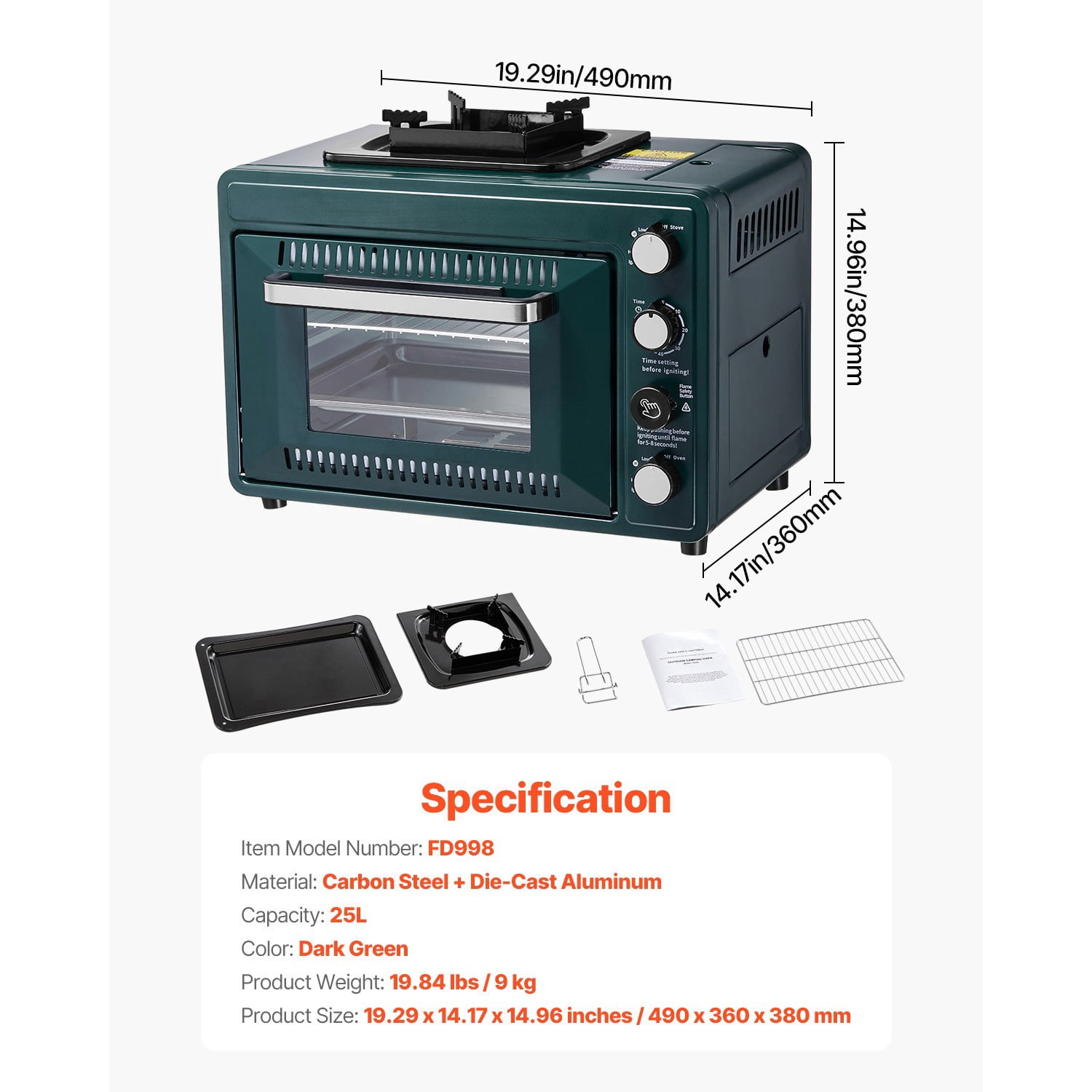 Outdoor Oven 2-in-1 Portable Gas Camping Stove Oven Combo Adjustable Fire