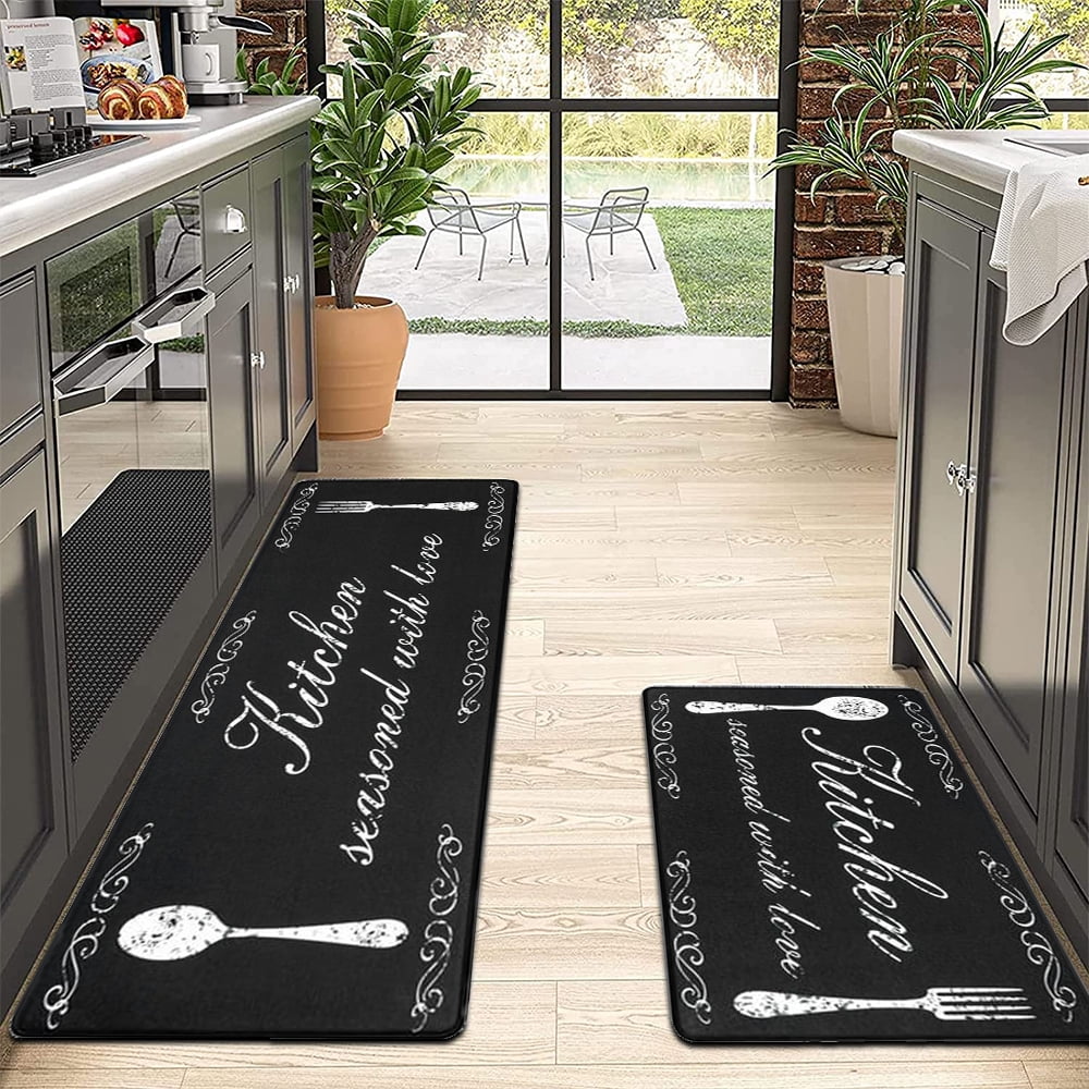 Findosom 2pcs Anti-Fatigue Kitchen Rugs Set Non Slip Waterproof Kitchen Runner Rug and Mat 0.4" Thickness Comfort Standing Mat for Kitchen, Floor, Office, Sink, Laundry 18"x47"+18"x30" Black