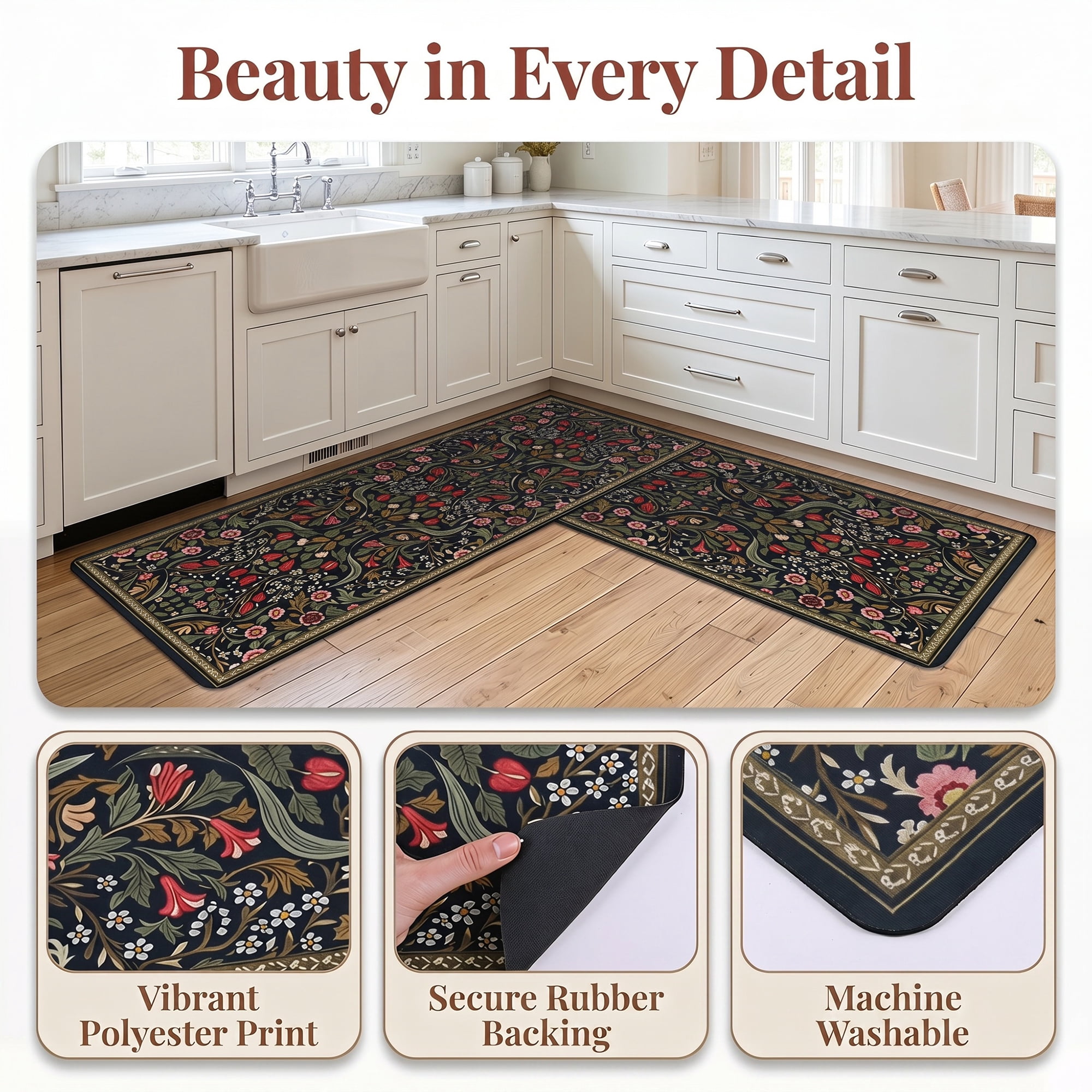 Unique Bargains 2Pcs Non-Slip Absorbent Runner Rug Set Green Flower 24" x 16" 47" x 16"
