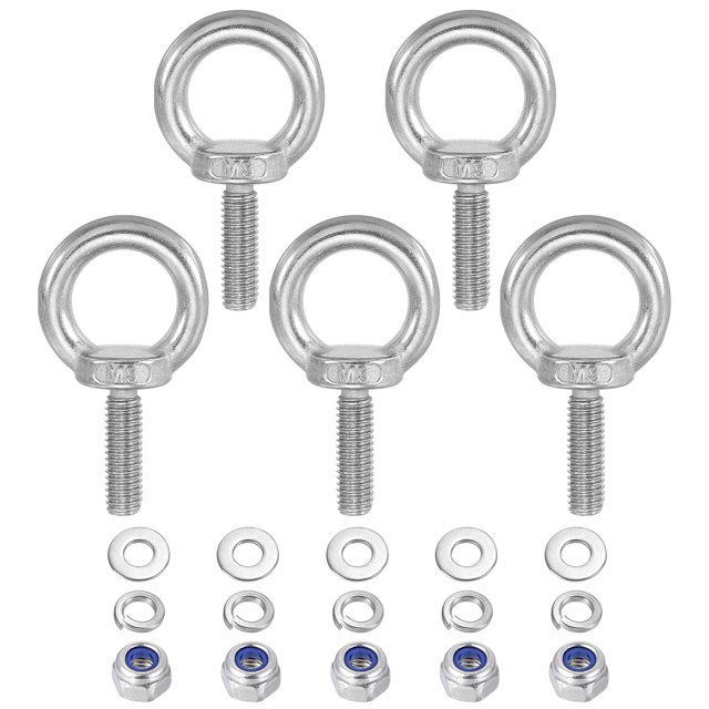 Unique Bargains M8 x 25mm Lifting Shoulder Eye Bolt 304 Stainless Steel Lifting Ring Threaded Eyebolt with Nuts and Washers 5Pcs
