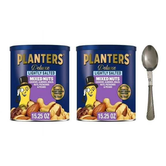 PLNTERS Deluxe Lightly Salted Mixed Nuts, Party Snacks, Plant-Based Protein 15.25oz (2 Canister)  WITH SPOON
